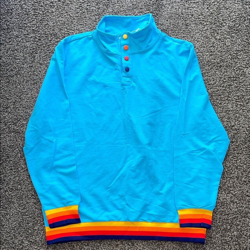 ALDI Unisex Quarter Button Pullover Top Blue Rainbow Stripe NWT Size Large